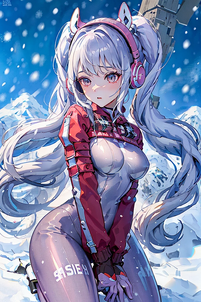 masterpiece, Highest quality, High resolution, 8k, Ray Tracing, animal ear headphones, shiny clothes, twintails, latex bodysuit, Detailed face、Beautifully detailed figures、Detailed Hair、((Snow Mountain)), Beautifully detailed special effects、((Beautiful lines)),