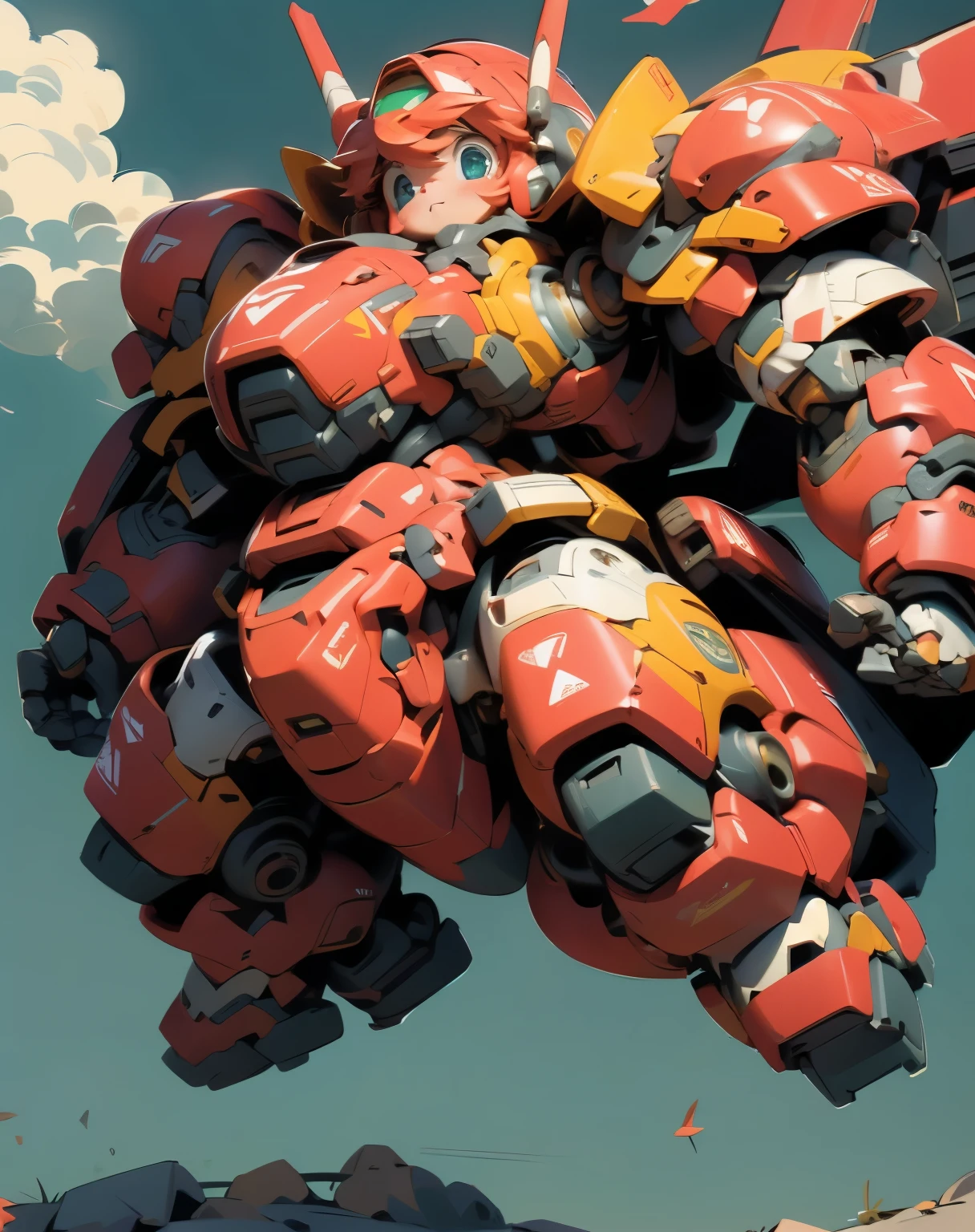 (((1 chibi girl in large red-colored robot costume, from below))), (holding weapons), (((helmet:1.5))), (((looking down:1.4))), ssmile, (chibi), (bulky:1.5), large cute face, mechanical parts, ((mechanical wings)), (full armor:1.8), (mecha armor:1.8), (shoulder guards:1.2),(huger arms), ((mechanical arms:1.5)), (short legs), (huger body:1.8), (heavy equipment:1.6), (from below), (headgear), blue sky, white clouds, robot joints, becoming a mecha, mecha, (RARS), (HRS), ROBOTANIMESTYLE, BJ_Cute_Mech,cute, girl
BREAK
((masterpiece)), vibrant colors, 8k, best quality, ultra detailed illustration, ((best quality)), ((high resolution)), flawless skin textures, shiny oiled skin, extremely detailed anime eyes , extreme light and shadow,