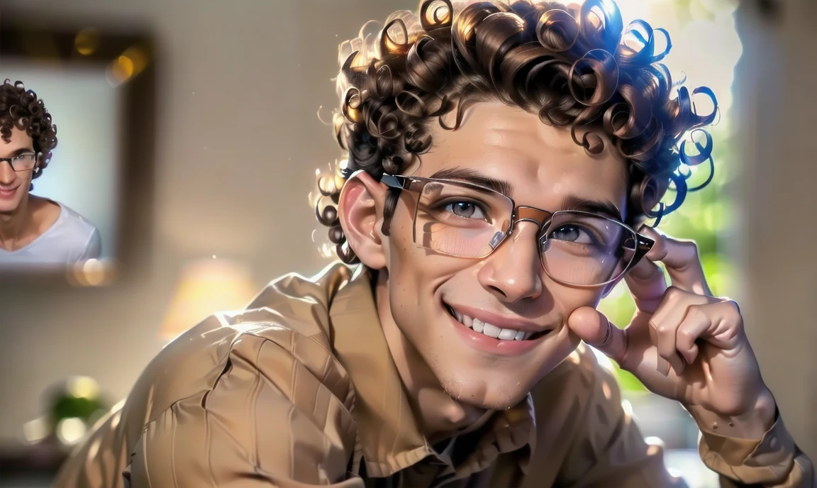 "((highly detailed, detailed eyes, detailed face, clear and realistic facial features, photorealistic, realistic light; cinematic)), (1 man), ((((sexy beautiful male nerd aged 18)))), (((ugly glasses))), ((lopsided smile)), ((smiling eyes)), (((slender body))), (((((short brown curly hair))))), (((light brown eyes))), ((blushing)), (((dressed in nerdy clothes)))."