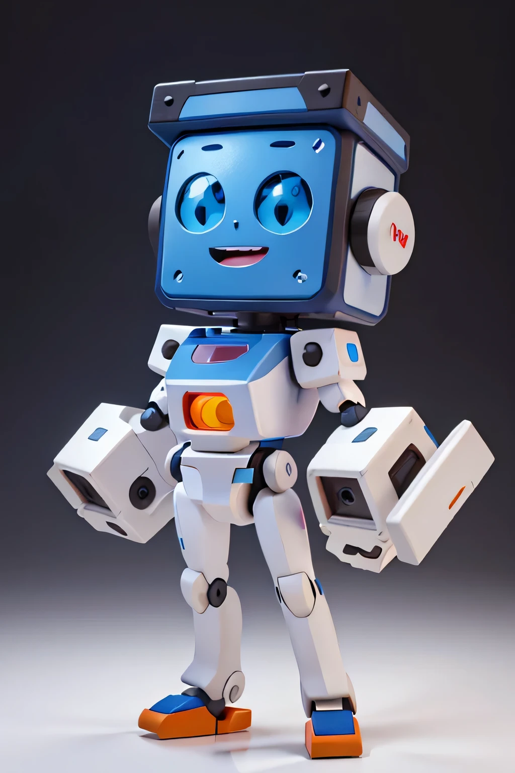 a happy and animated square-shaped robot, detailed design, intriguing background, searching and playing