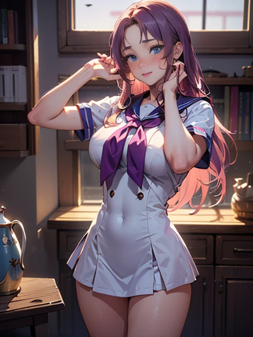 ((Best quality, detailed background,depth of field, volumetric lighting, sharp focus, Absurd, ultra-detailed), 1  ((beautiful,21s, big breasts, saori kido,  purple long hair, big breasts, blue eyes,  blushing)), uniform college sailor japonese