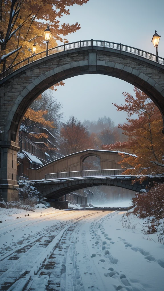 (raw photo),(autumn,Snow scene with bridge and street lamp.:1.3),(abstract texture background:1.2),masterpiece, of the highest quality, of the highest quality, official art,more detailed,Depth of written limit,bokeh,atmospheric lighting, film structure,complex multiple topics, 4k HDR, (intricate details),(ultra detailed:1.15),Microcontrast, sharp detail elements, dusty atmospheric haze, High quality material texture., Volume texture, coating texture, metallic texture