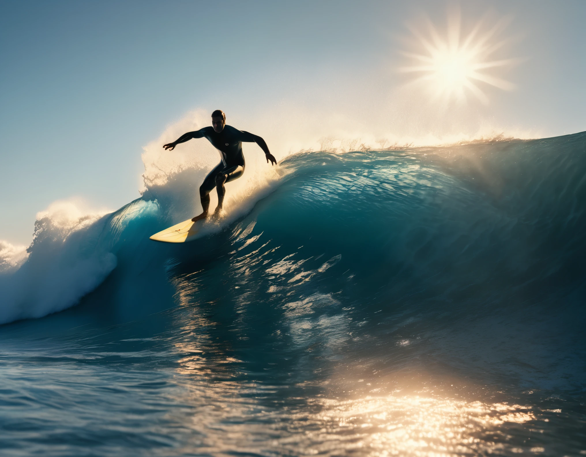 a man surfing on a wave, 1man surfing on a surfboard, riding a wave, dramatic lighting, ocean waves, dynamic pose, athletic, adrenaline, ocean, water splashing, blue sky, golden hour, photorealistic, 8k, ultra-detailed, realistic, masterpiece, high quality, cinematic lighting, volumetric lighting, dramatic shadows, vibrant colors