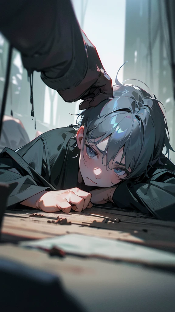 a 10 year old boy, dark grey eyes, pale skin, lying on his side in a dark forest, wearing dirty ragged clothes, injured and scratched, dark, gloomy and lonely lighting, dark anime style, (best quality,4k,8k,highres,masterpiece:1.2),ultra-detailed,(realistic,photorealistic,photo-realistic:1.37),HDR,UHD,studio lighting,ultra-fine painting,sharp focus,physically-based rendering,extreme detail description,professional,vivid colors,bokeh,dramatic dynamic perspective