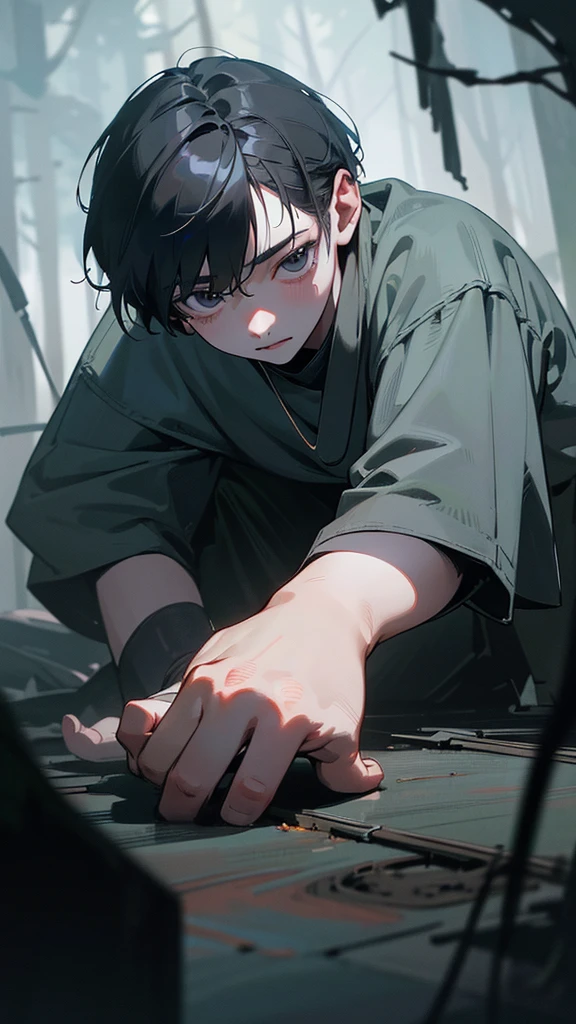 a  boy, dark grey eyes, pale skin, lying on his side in a dark forest, wearing dirty ragged clothes, injured and scratched, dark, gloomy and lonely lighting, dark anime style, (best quality,4k,8k,highres,masterpiece:1.2),ultra-detailed,(realistic,photorealistic,photo-realistic:1.37),HDR,UHD,studio lighting,ultra-fine painting,sharp focus,physically-based rendering,extreme detail description,professional,vivid colors,bokeh,dramatic dynamic perspective