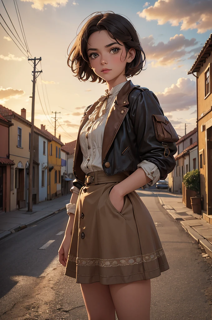 realistic, modern analog photo, full body shot, (detailed cute face and eyes), skyscape with clouds, nightfall, cute woman, small european town in 1910, short windblown skirt, soft steampunk aesthetic, short hair, smoke particles, intricate small details, dynamic, sexy, pleasure, wishmaster, depth of field, 35mm, film grain, faded colours, sepia, lomography photo, isometric, extremely detailed