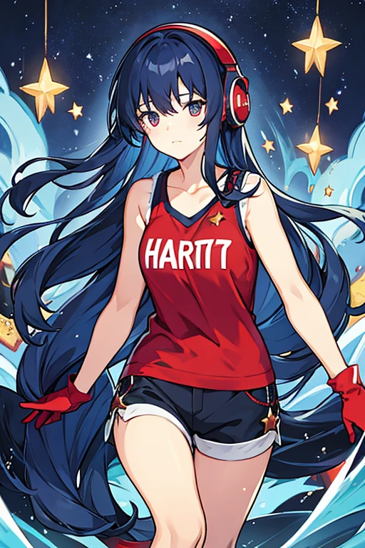 women, long loose dark blue hair, stars on your face, red headphones, blue shirt, black tank shorts with stars , red gloves