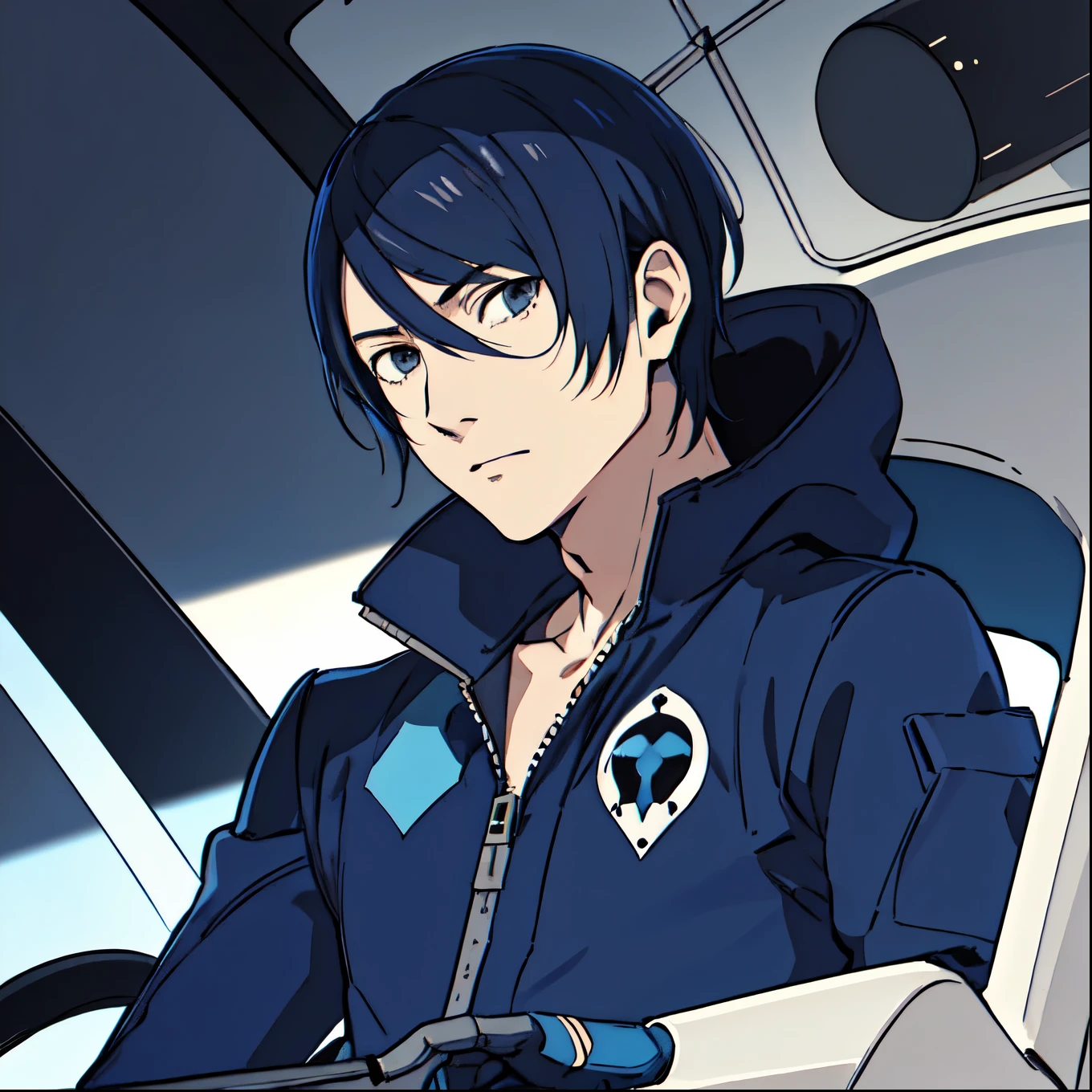 masterpiece,high quality,
looking at viewer,serious,
yusukekitagawa,1boy,
dark blue hair,gray eyes,
helmet,
pilot suit,
cockpit,