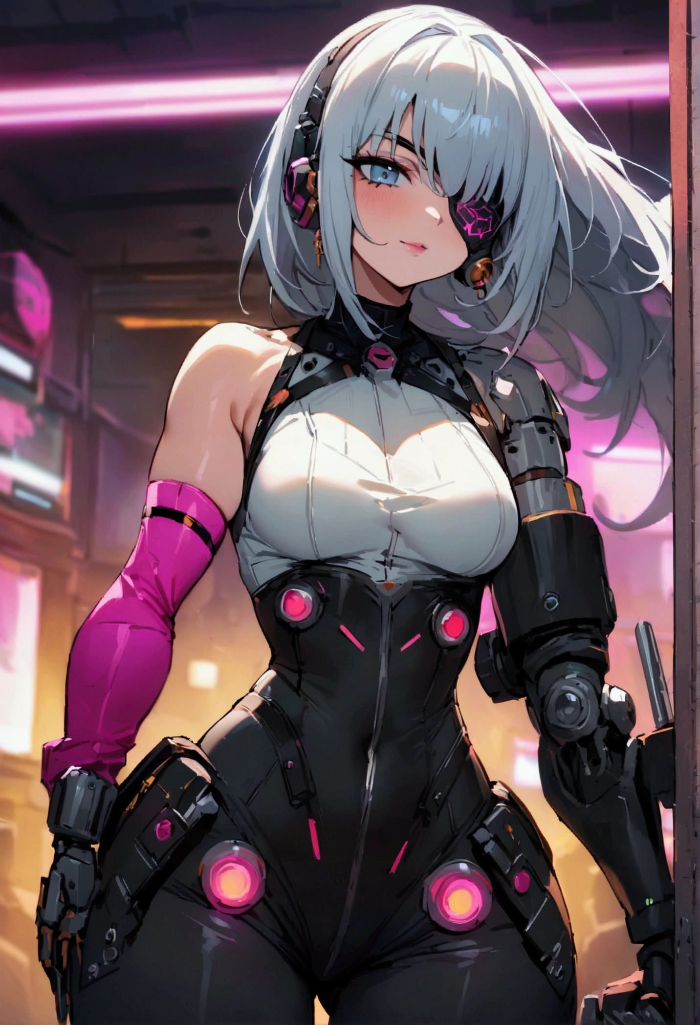 masterpiece,Highest quality,Super quality,cyber punk,Fellow Female,Friendly staff,Wearing an eye patch,strong,One arm is mechanized