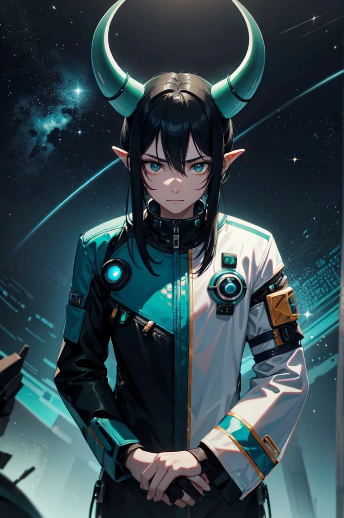 horns, one character, solo male, alien horns, male, young male, sci fi, space, space clothes, long hair, black hair, green eyes, teal skin, cosmic, space suit, cosmic feature, futuristic space suit, relaxed face, innocente face, short face