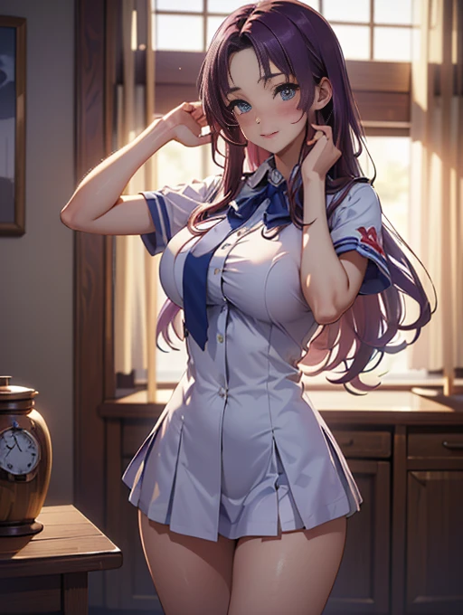 ((Best quality, detailed background,depth of field, volumetric lighting, sharp focus, Absurd, ultra-detailed), 1  ((beautiful,21s, big breasts, saori kido,  purple long hair, big breasts, blue eyes,  blushing)), uniform college japonese