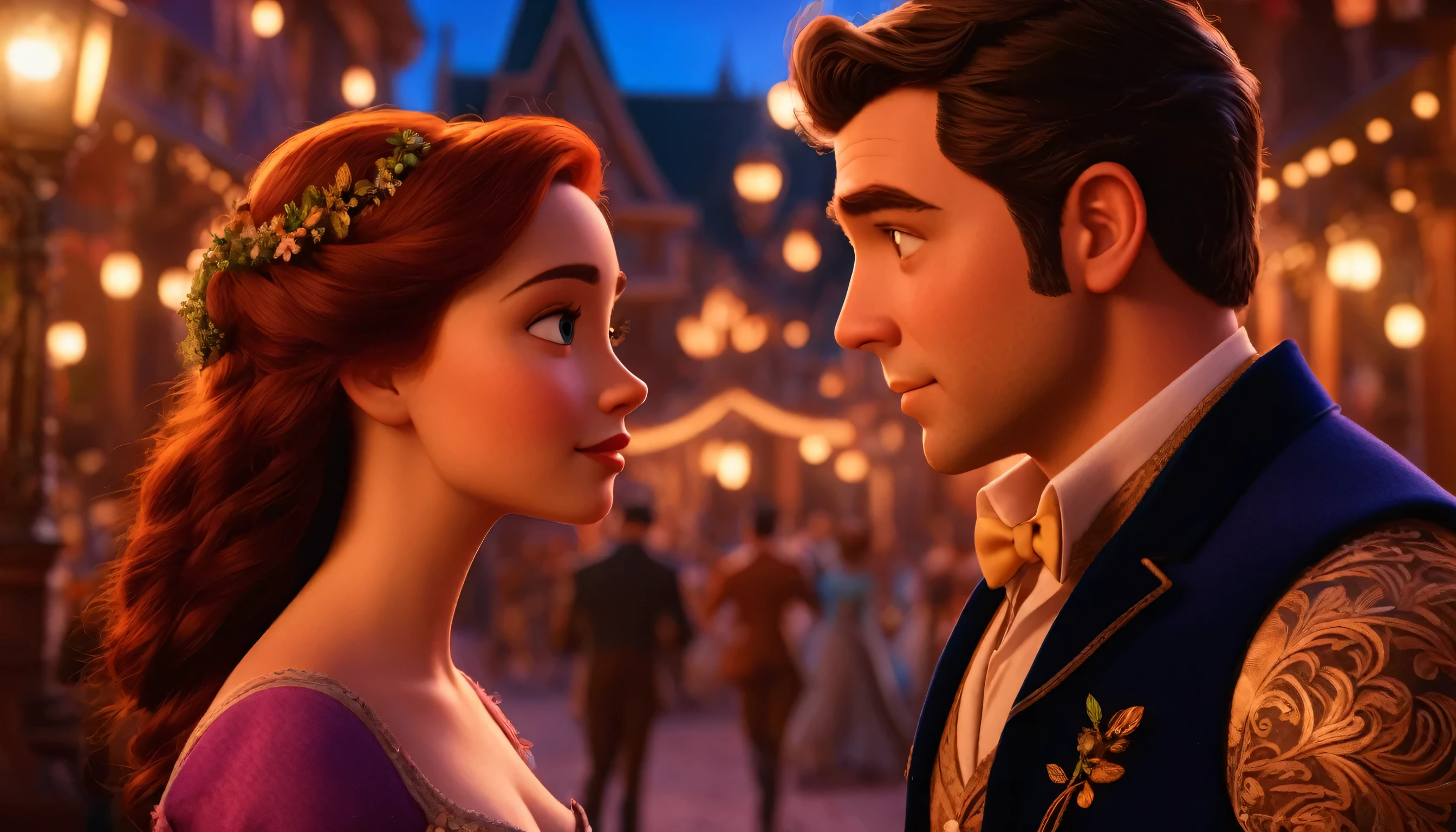 a romantic couple in a disney pixar style,8k, photorealistic, extremely detailed,beautiful detailed eyes,beautiful detailed lips,extremely detailed eyes and face,longeyelashes, beautiful detailed clothing,dynamic pose,warm lighting,vibrant colors,highly detailed background,intricate details