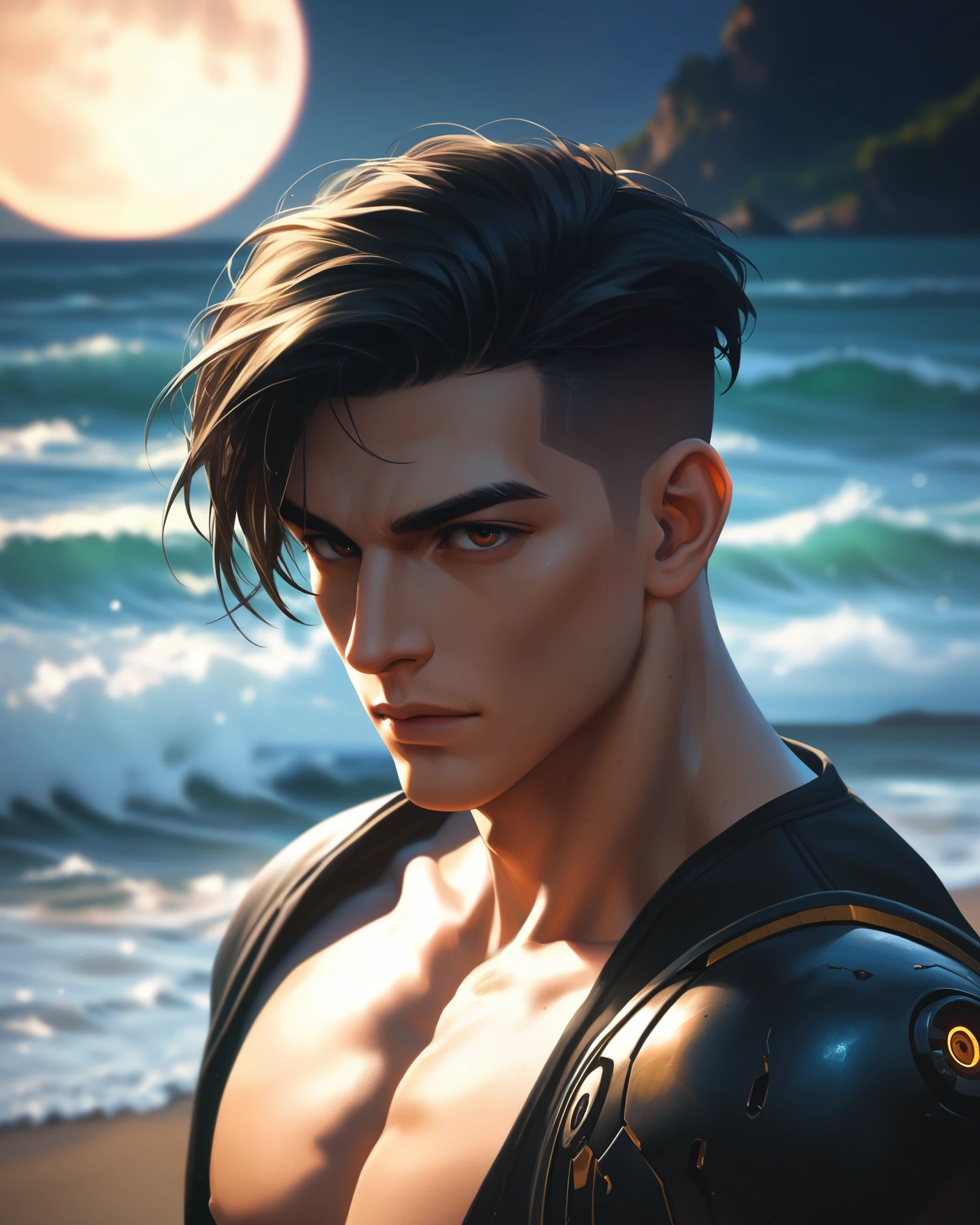 (zPDXL2), (artwork:1.2), (best quality:1.2), (high resolution:1.2) cyberjackie, 1 boy, alone, black hair, brown eyes, undercut, mechanical parts, muscular, moonlit beach, midnight, serene and charming with the soft glow of the moon on the waves Glamour Shots_PDXL
