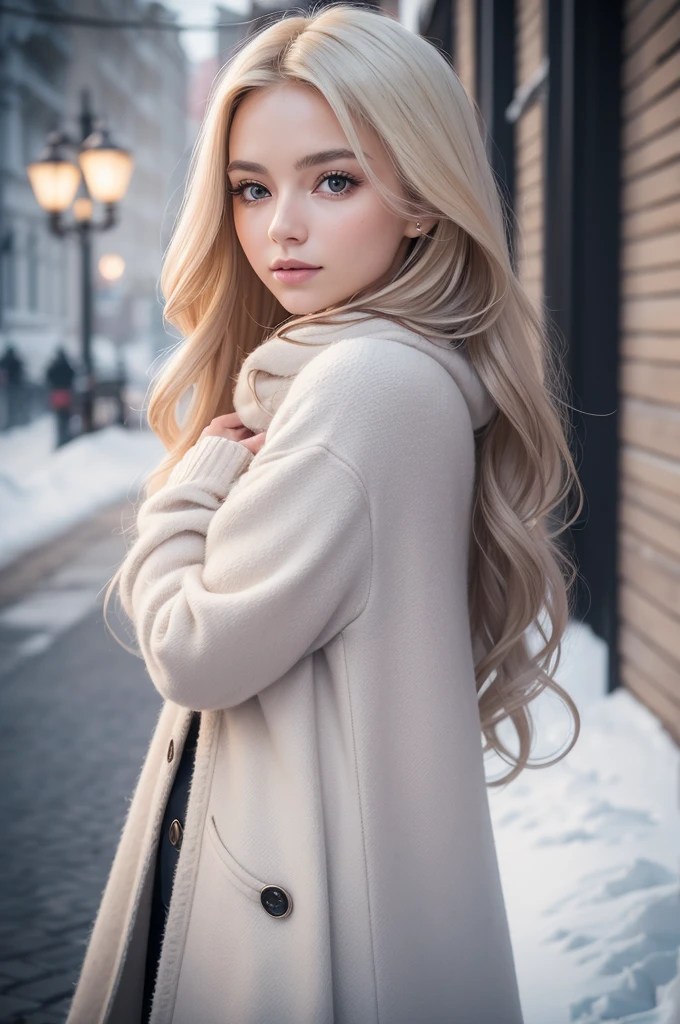 proFessional portrait photograph oF a gorgeous Norwegian girl in winter clothing with long wavy blonde hair, sultry Flirty look, gorgeous symmetrical Face, linda maquiagem natural, wearing elegante warm winter Fashion clothing, ((parado do lado de fora na rua nevada da cidade)), impressionante ambiente urbano moderno, ultra realistic, arte conceitual, elegante, Altamente detalhado, Intrincado, sharp Focus, depth oF Field, F/1. 8, 85mm, tiro médio, meio do tiro, (((proFessionally color graded))), bright soFt diFFused light, (volumetric Fog), tendências no instagram, hd 4k, 8K