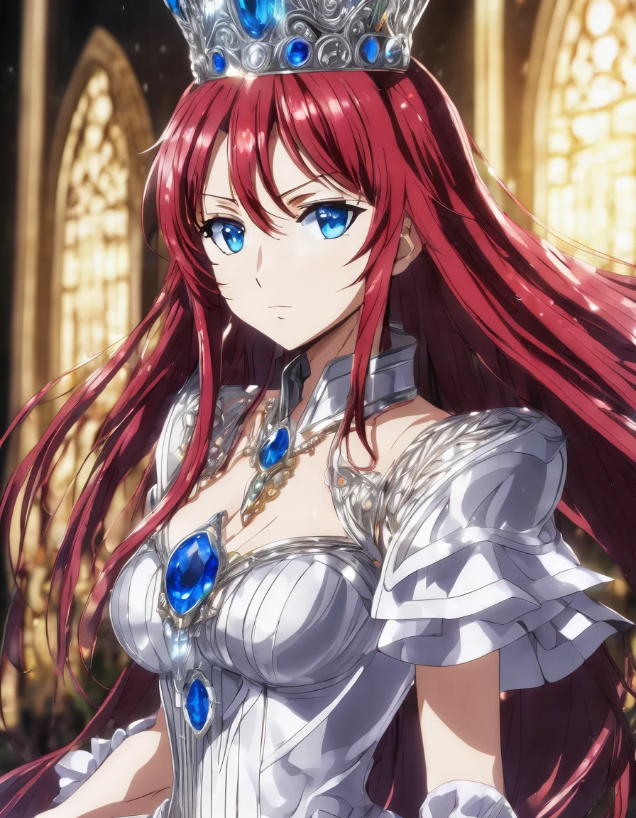 A regally elegant Rias Gremory from the anime Highschool DxD, with blue eyes holding a sparkling crystal spear and adorned in a majestic princess dress and gleaming crown. This stunning portrait captures her beauty and power, with intricate details like flowing fabric, intricate jewelry, and a subtle, confident expression. The image, possibly a digitally-rendered painting, radiates a sense of royalty and sophistication. Every element is meticulously crafted, from the intricate designs on her dress to the shimmering reflections in the crystal spear. Overall, this artwork beautifully showcases Rias Gremory in all her royal glory, leaving viewers in awe of her presence.