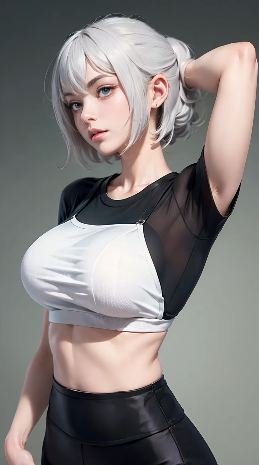 Tight UnderBoob T Shirt, without bra, front view, Push-up leggings, white hair, highly detailed, deep focused image, realistic full-lenght photo