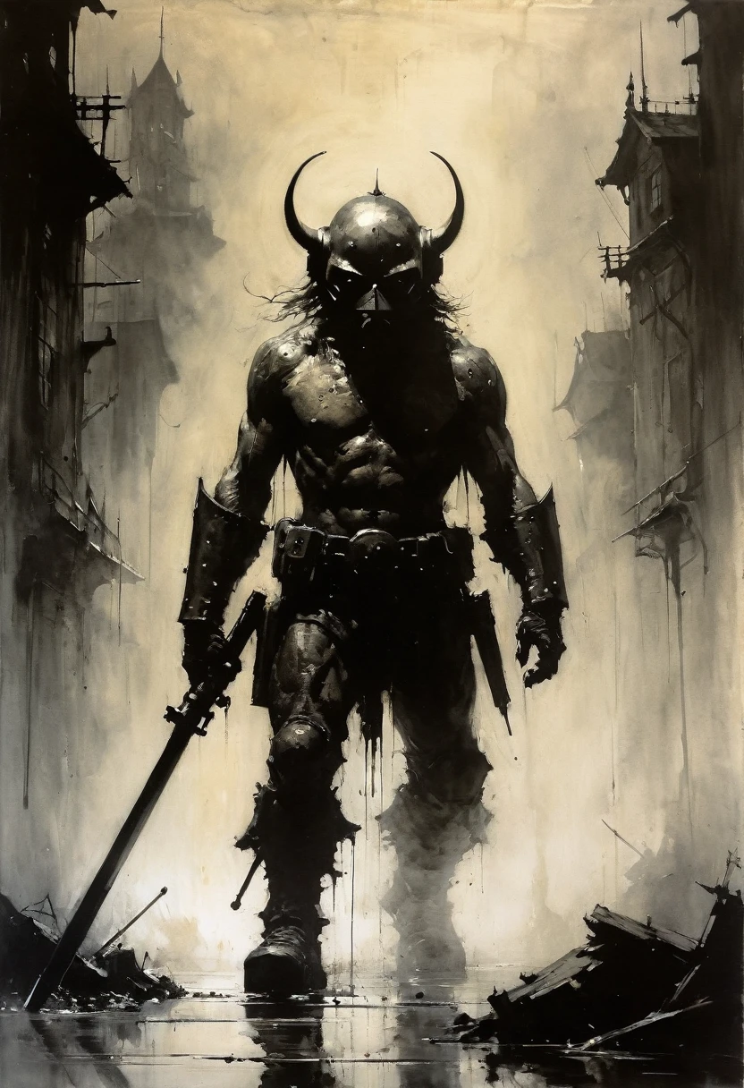 a little man made of wax... in the style of Ashley Wood. Stephen Gammell. Frank Frazetta. masterpiece. Best quality. Beautiful cinematic impressionistic painting