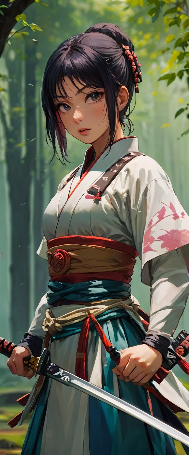 Holding a sword、Open the sheath.身著暗紅裙子的帥氣Female Warrior, Misty forest background.Bokeh Background.Portraiture,(Highest quality,4K,8k,High resolution,masterpiece:1.2) Art Station Contest Winners, Fantasy art, Female Warrior, Very beautiful cyberpunk samurai, Samurai sword, beautiful Female Warrior, beautiful Female Warrior, Warrior Princess, Warrior Girl, Beautiful Portraits, she is holding a Samurai sword sword, Japanese Samurai, Ono City