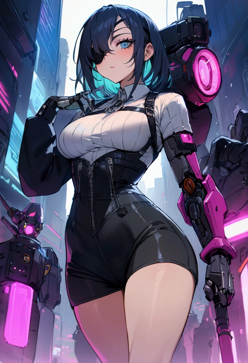 Female cyborg wearing headphones、A little broken、1 female、Big Breasts、sexy、Moonlight、Unbuttoned、Downlight、full moon、In the rubble、In the ruined city、Butt、Beautiful buttocks、Plump、Sideboob、Half naked、Eyes glowing red