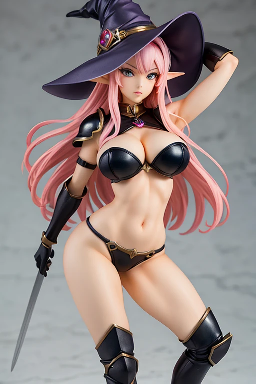 figure of warrior, sexy pose, big breasts, servo armor, pink hair, elf earns, witch hat