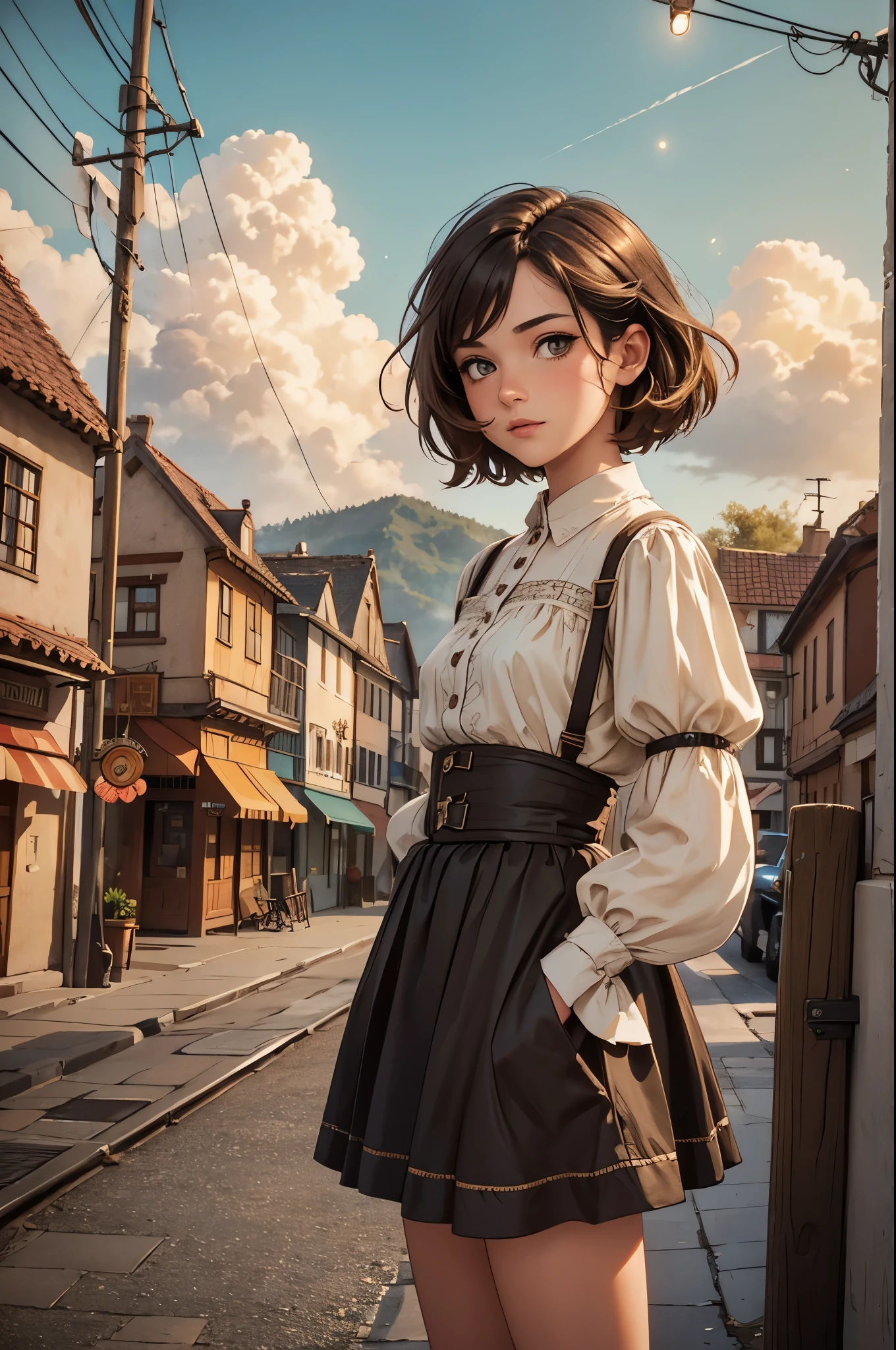 realistic, modern analog photo, full body shot, (detailed cute face and eyes), skyscape with clouds, nightfall, cute woman, small european town in 1910, short windblown skirt, soft steampunk aesthetic, short hair, smoke particles, intricate small details, dynamic, sexy, pleasure, wishmaster, depth of field, 35mm, film grain, faded colours, sepia, lomography photo, isometric, extremely detailed