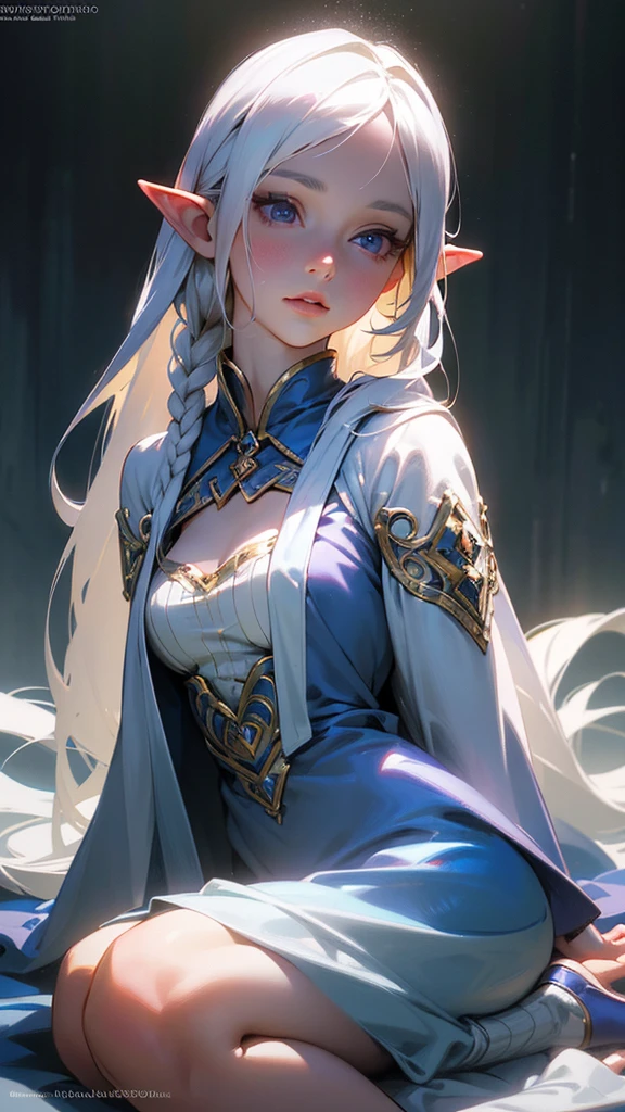 a young 8 year old adorable elf girl, downward elf ears, long loose white hair with braids, pale white skin, blue and purple eyes, wearing a simple white dress, tall brown boots, intricate details, highly detailed, photorealistic, (best quality,4k,8k,highres,masterpiece:1.2),ultra-detailed,(realistic,photorealistic,photo-realistic:1.37),extremely detailed eyes and face,beautiful detailed eyes,beautiful detailed lips,longeyelas hes,cinematic lighting,dramatic lighting,chiaroscuro lighting,vibrant colors,mystical,magical,fantasy
