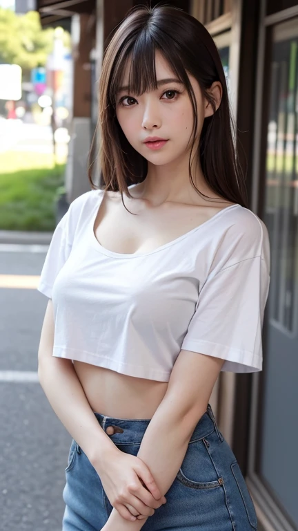 8k, artwork, Highest quality, Realistic, Very detailed, 1 girl,  Realistic skin texture, ((垂れDownがった大きな胸:1.4)), ((Exposure of bare skin under the bust:1.5)), ((Down乳の素肌が丸見えになる丈の短い緩いTシャツを着ています:1.4)),sexy, Erect transparent nipples, Down , Micro Mini Skirt, , Cinema Lighting, Face Focus, Narrow eyes, Facial details, Bright Face, Light of the sun, Outdoor cafe in the background, Low angle shot, Downからの眺め

#Create a great background for your scene. The woman is posing confidently, Exudes elegance and dignity. Add a playful touch to a sophisticated look. The rooftops are shining with the warm city lights, The presence of bright neon lights dotting the horizon、The atmosphere increases。.。. 画像はHighest qualityです, シャープなフォーカスとVery detailedな機能, Capturing every nuance of a woman&#39;Facial expressions and surroundings. The overall effect is realistic and immersive, HDR rendering enhances rich colors and textures.