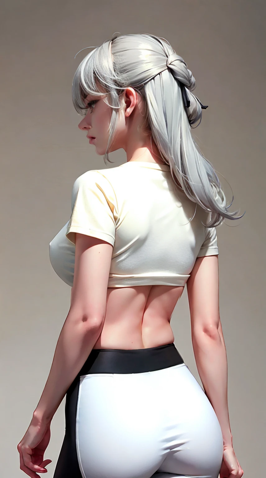 Tight UnderBoob T Shirt, without bra, back view, Push-up leggings, white hair, highly detailed, deep focused image, realistic full-lenght photo