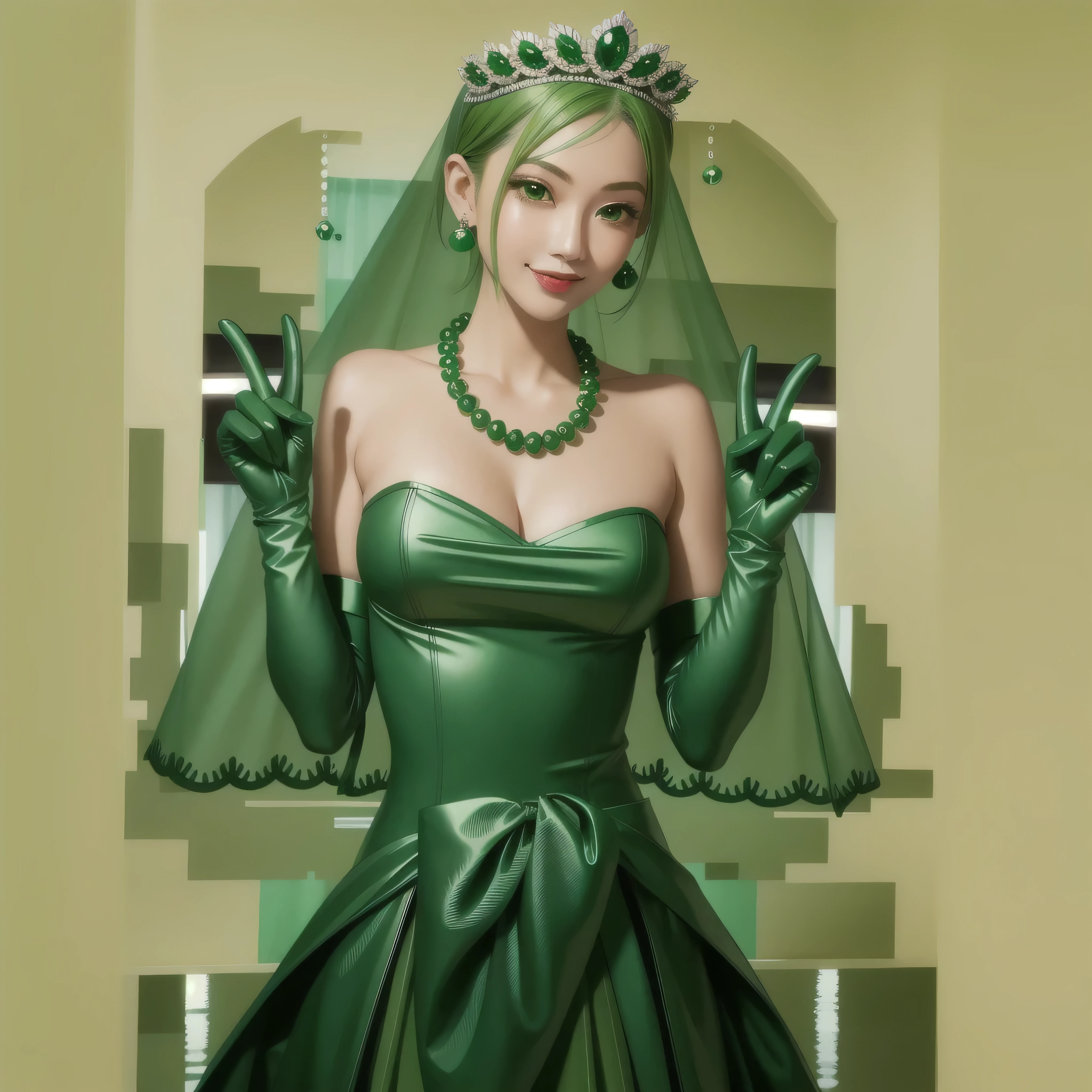 Emerald tiara, Green Pearl Necklace, Boyish very short green hair, Green Lips, Smiling Japanese woman, Very short hair, Busty beautiful lady, Green Eyes, Green satin long gloves, Green Eyes, Emerald Earrings, Green veil, All, Green Hair, Beautiful Japanese Woman, green lip gloss