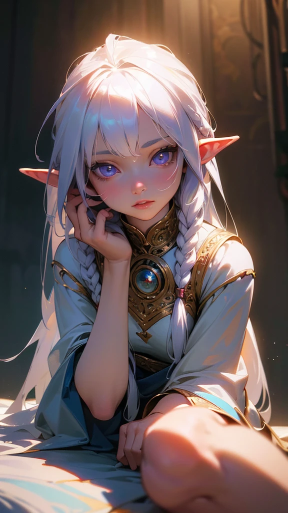 a young 8 year old adorable elf girl, downward elf ears, long loose white hair with braids, pale white skin, blue and purple eyes, wearing a simple white dress, tall brown boots, intricate details, highly detailed, photorealistic, (best quality,4k,8k,highres,masterpiece:1.2),ultra-detailed,(realistic,photorealistic,photo-realistic:1.37),extremely detailed eyes and face,beautiful detailed eyes,beautiful detailed lips,longeyelas hes,cinematic lighting,dramatic lighting,chiaroscuro lighting,vibrant colors,mystical,magical,fantasy