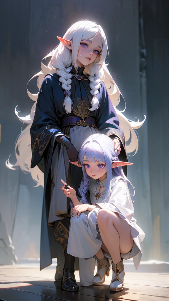 a young 8 year old adorable elf girl, downward elf ears, long loose white hair with braids, pale white skin, blue and purple eyes, wearing a simple white dress, tall brown boots, intricate details, highly detailed, photorealistic, (best quality,4k,8k,highres,masterpiece:1.2),ultra-detailed,(realistic,photorealistic,photo-realistic:1.37),extremely detailed eyes and face,beautiful detailed eyes,beautiful detailed lips,longeyelas hes,cinematic lighting,dramatic lighting,chiaroscuro lighting,vibrant colors,mystical,magical,fantasy