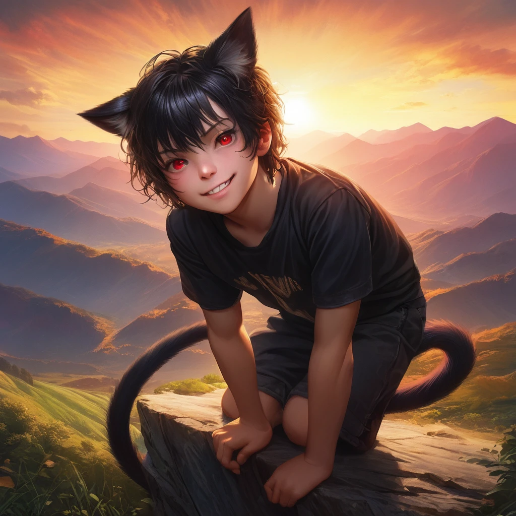 a boy with shiny black hair, red eyes, large pointed cat ears, a cat tail, grinning and looking at the viewer, mountainous terrain, sunrise, 4k resolution, masterpiece, detailed character, extremely detailed face, photorealistic, hyperrealistic, award winning, beautiful lighting, dramatic atmosphere, dynamic composition, vibrant colors, digital painting, intricate details