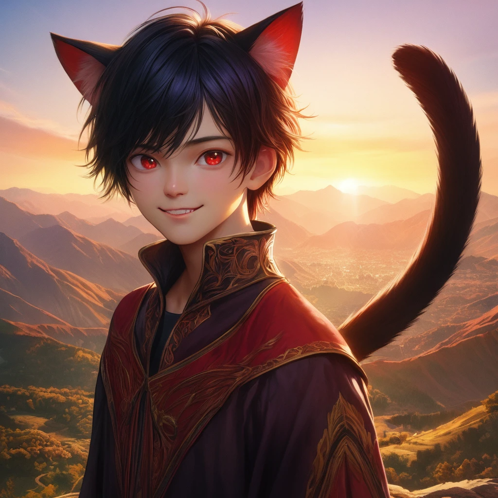a boy with shiny black hair, red eyes, large pointed cat ears, a cat tail, grinning and looking at the viewer, mountainous terrain, sunrise, 4k resolution, masterpiece, detailed character, extremely detailed face, photorealistic, hyperrealistic, award winning, beautiful lighting, dramatic atmosphere, dynamic composition, vibrant colors, digital painting, intricate details