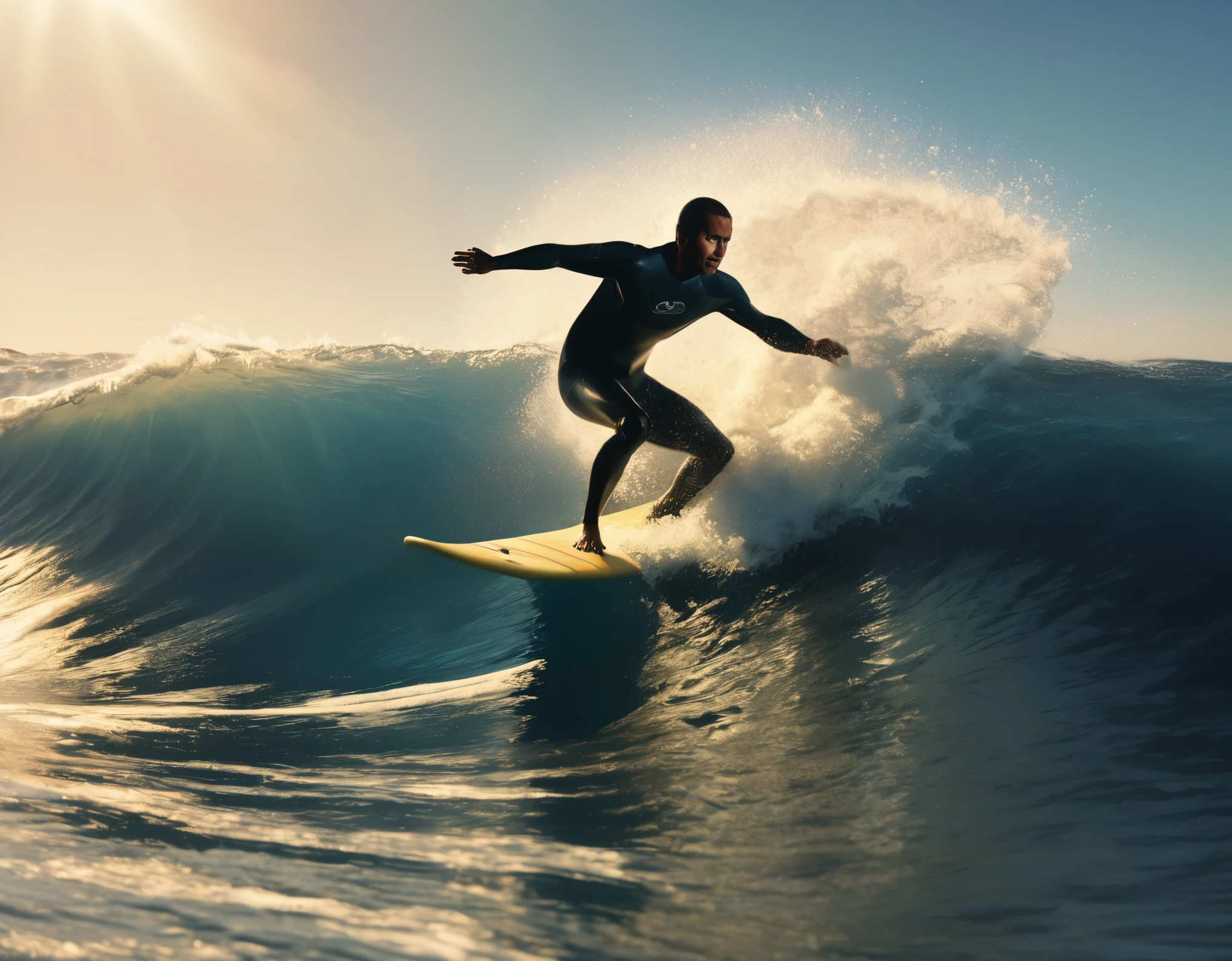 a man surfing on a wave, 1man surfing on a surfboard, riding a wave, dramatic lighting, ocean waves, dynamic pose, athletic, adrenaline, ocean, water splashing, blue sky, golden hour, photorealistic, 8k, ultra-detailed, realistic, masterpiece, high quality, cinematic lighting, volumetric lighting, dramatic shadows, vibrant colors