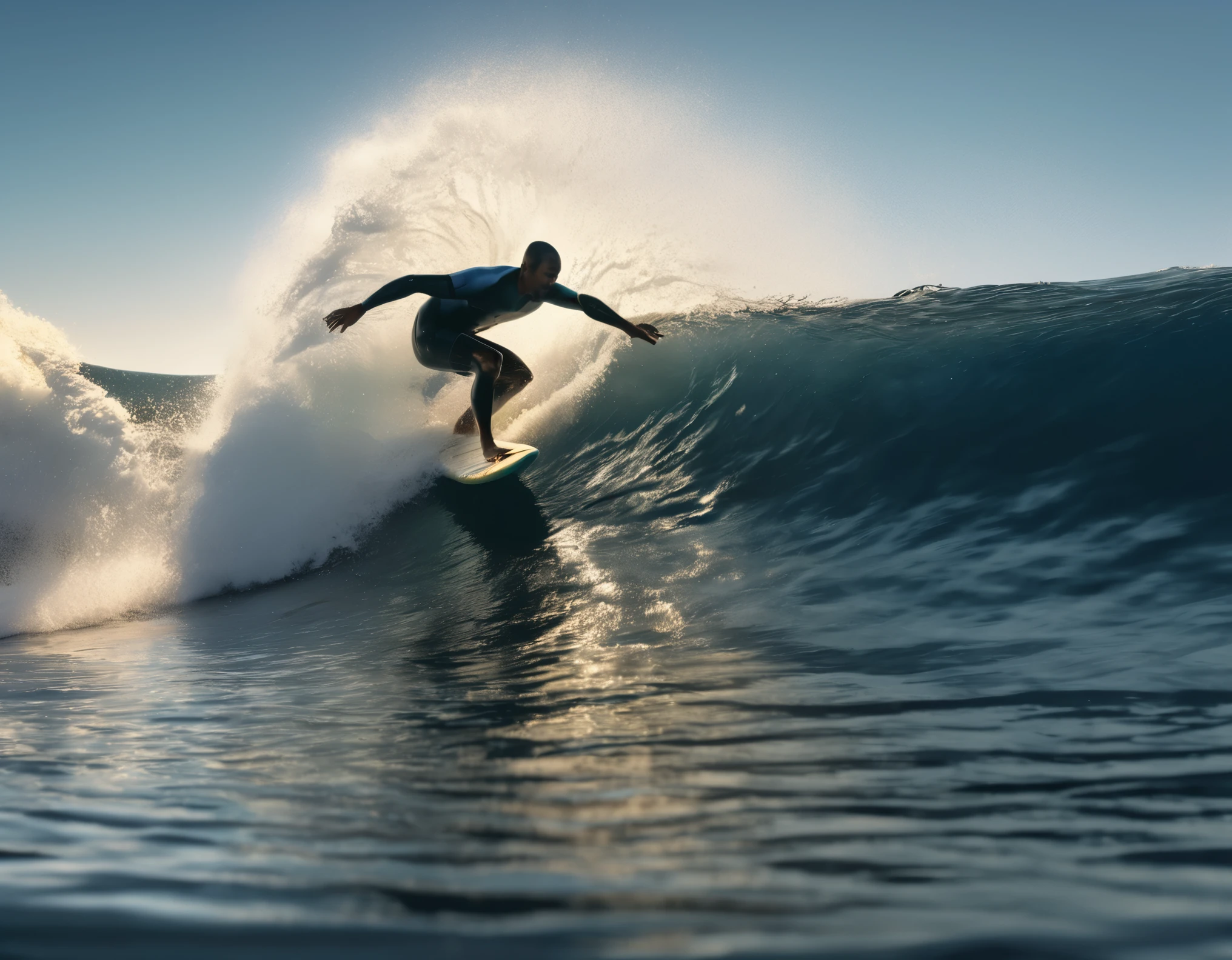 a man surfing on a wave, 1man surfing on a surfboard, riding a wave, dramatic lighting, ocean waves, dynamic pose, athletic, adrenaline, ocean, water splashing, blue sky, golden hour, photorealistic, 8k, ultra-detailed, realistic, masterpiece, high quality, cinematic lighting, volumetric lighting, dramatic shadows, vibrant colors