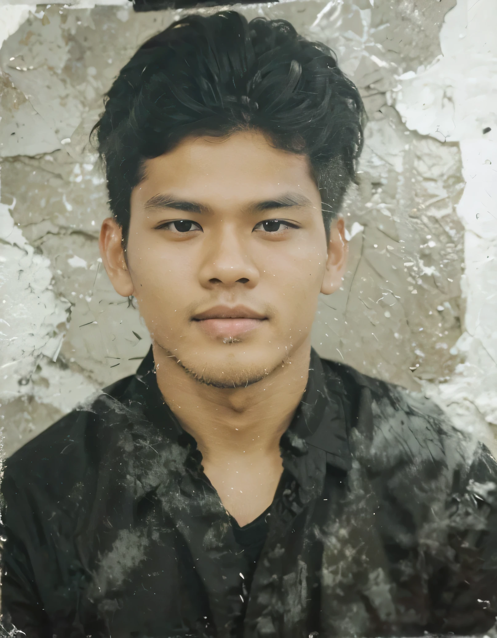 With realistic A young man from Indonesia wearing a black shirt and slightly thick wavy hair