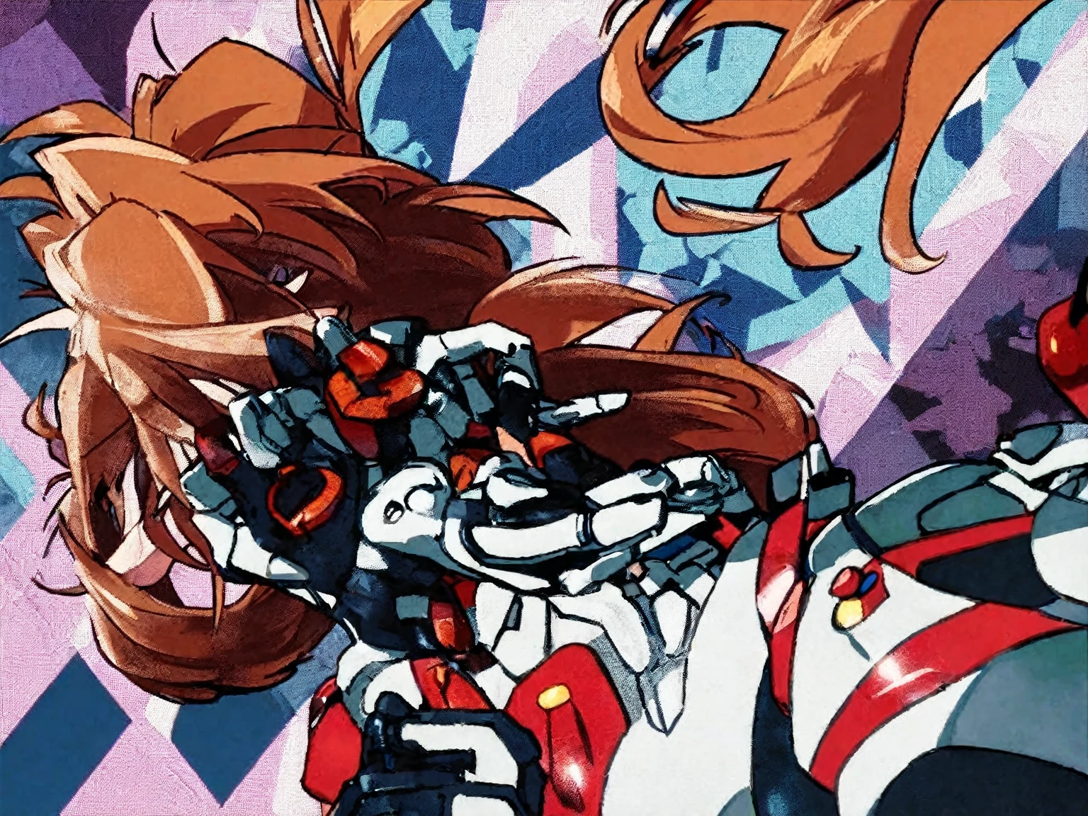 anime girl with red hair and blue eyes looking at something, beautiful asuka from evangelion, asuka langley sohryu, asuka from evangelion, asuka langley souryuu, asuka langley, asuka langley soryu, gainax anime style, movie still of robot evangelion, asuka, end of evangelion, neon genesis evangelion