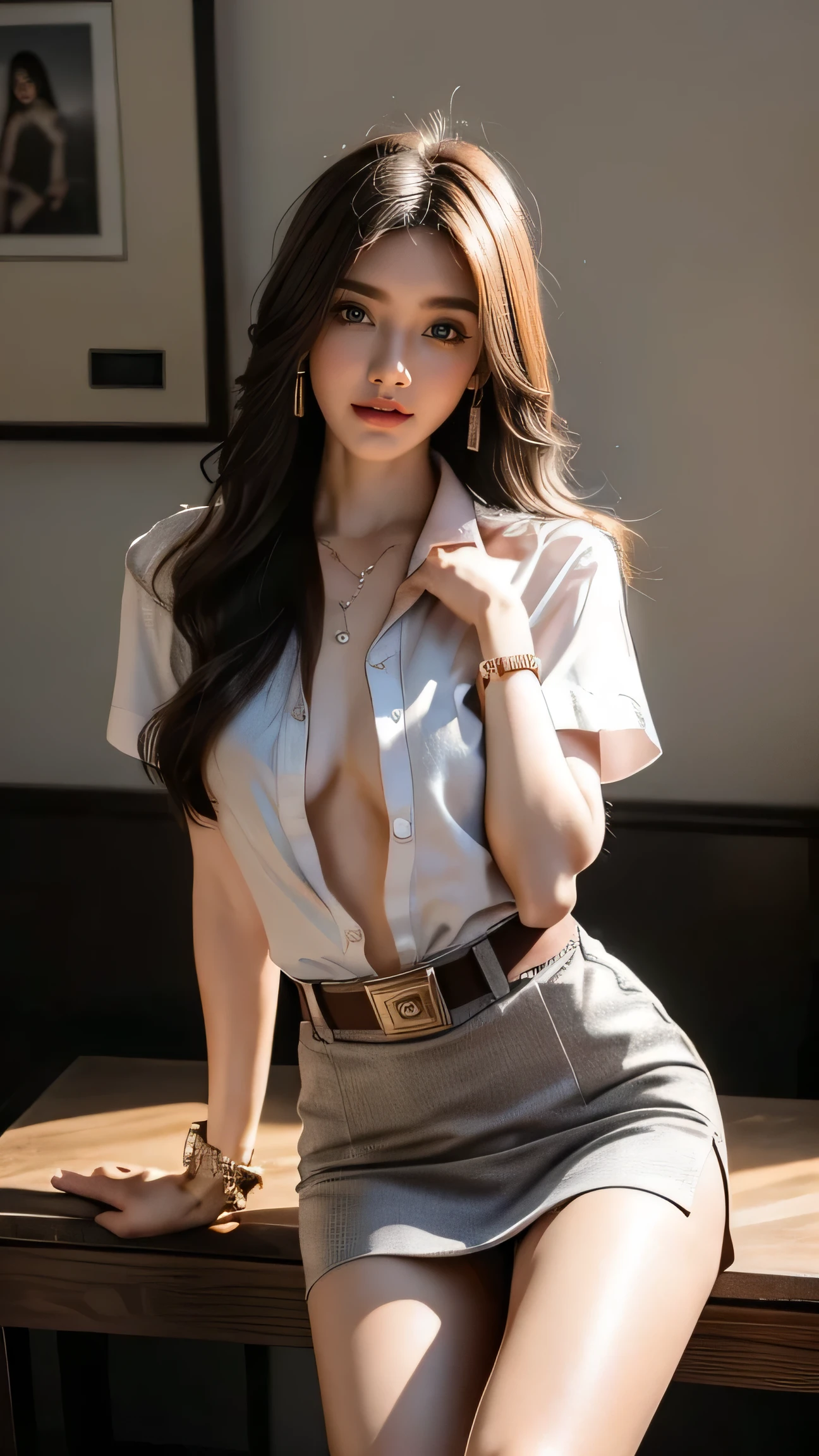 (8ก,high resolution,Masterpiece, best quality, alone, complicated details, Chromatic aberration), realistic, ((middle chest)), hair in one eye, big round hoop earrings, Diamond choker, Gold Necklace, silver necklace, small watch, bangle, bracelet, bangleข้อเท้า, waist necklace, (symmetrical eyes),(Perfect symmetrical body), (Photo of a beautiful 24 year old age girl), Beautiful and charming with contemporary fashion paintings as well......., looking at the audience, ((Behind the large classroom)), (black short skirt), (((Wear a blue shirt over มัน...., ((whมันe short sleeve, Open chest shirt), ((Open your shirt and show a little of your breasts....., very good,)), (), (Sagging breasts.))), (()), (Long square leather belt buckle), ((Put your hands down.)), (Bob, medium length hair, pinch, Side flatness, brass colored hair, (There is a thin layer of hair covering the face..........)), sharp eyeliner, eyelid, Blush, have thick eyelashes, sharp eyes, purple eyes, pink cheeks, Very delicate and beautiful, round chin, Sharp focus, elegant, (Open your legs on the study table..........), (Soman turns his head to look at the camera.......), (Open your legs and lift your right leg over your left leg..........), (Close-up photo, Shot from the shin below the knee....),, (Sagging breasts.), camel toe