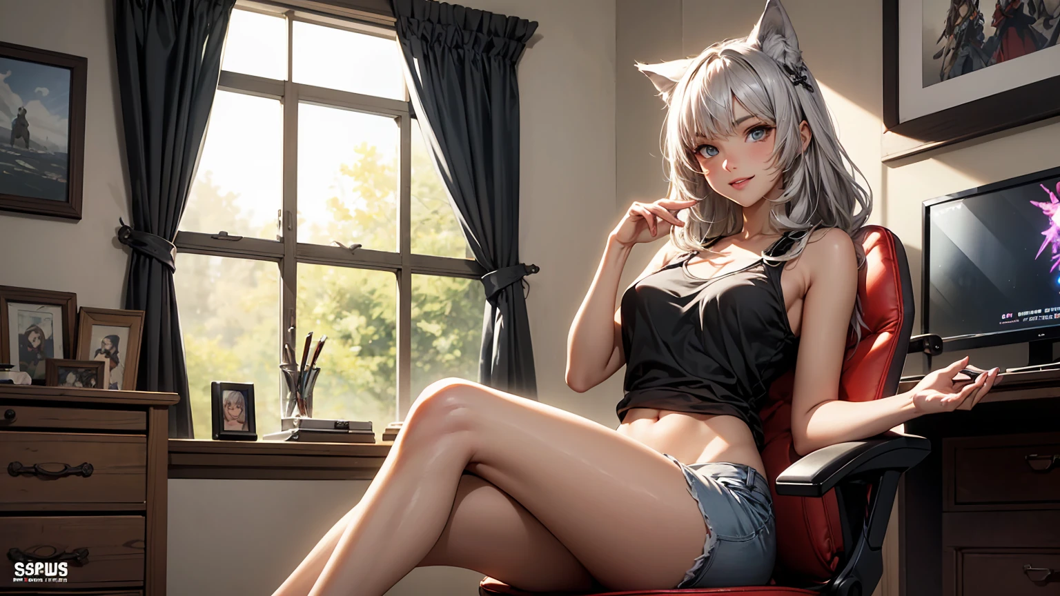 Create a high-quality, detailed image of a beautiful, anime gamer girl with tattoos and long silver hair, and small cat ears, sitting at her gaming PC in her gaming room. She is wearing a see through tank top, barely showing her nipples, and panties, showing her midriff, highlighting her stunning curves. The warm, inviting scene includes soft ambient lighting, comfortable seating, The setting is illuminated by a small lamp, creating a serene and intimate atmosphere
