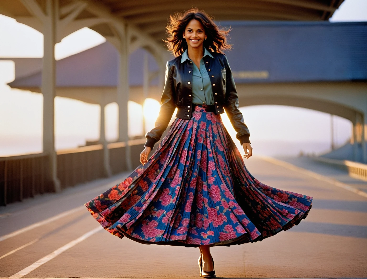 Halle Berry is A smiling, authentic, (shy:1,3), kind, beautiful woman, passionately in love with her skirt, wind wildly lifts her skirt, wearing uniform jacket and very, very detailed (long (fully pleated) full circle skirt) and (low heeled court shoes), very, very intricate hyper-detailed symmetric (attractive graceful young feminine face) with (sad, tired eyes and a loving smile), very voluptuous breasts, full of empathy and compassion and love, (pronounced (feminine) features), (highly detailed ultra accurate realistic) hands and fingers, (windy), epic composition, highly detailed attributes, (35mm f1.4 Kodak portra 400 photograph), extremely high quality RAW photograph, highly detailed atmosphere, sci-fi, cinematic shot, dynamic lighting, 75mm, Technicolor, Panavision, cinemascope, sharp focus, fine details, 8k, HDR, realism, realistic, key visual, film still, superb cinematic color grading, depth of field