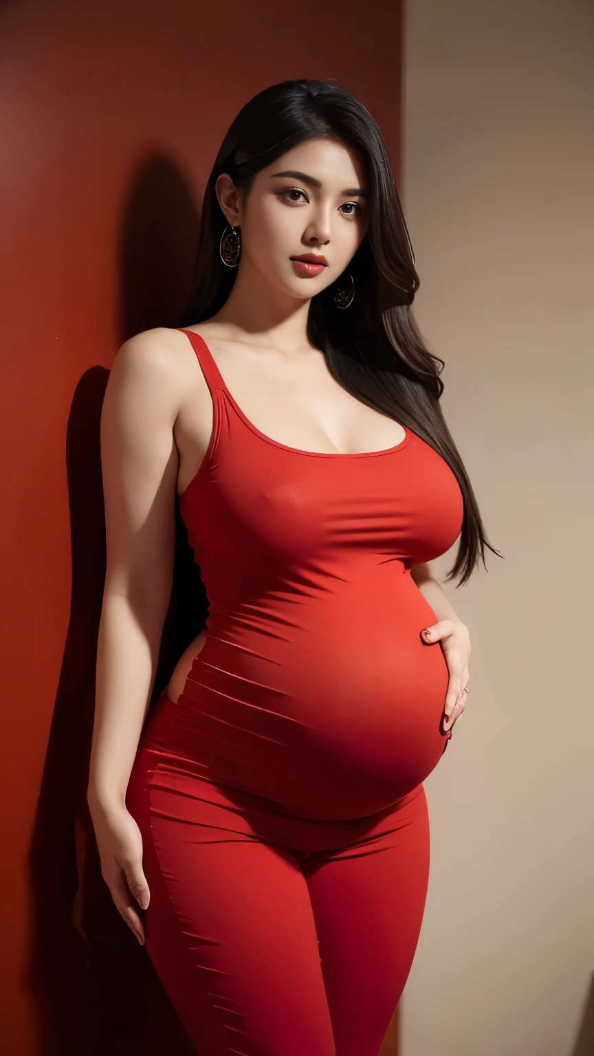 a woman in a red top and red pants posing for a photo, indian, traditional beauty, lovely woman, sexy movie photo, very very beautiful woman, indian goddess, sexy girl, very attractive and beautiful, very beautiful woman, sexy girl with dark complexion, gorgeous beautiful woman, attractive girl, thick neck, sexy :8, ((pregnant)), busty, gorgeous woman