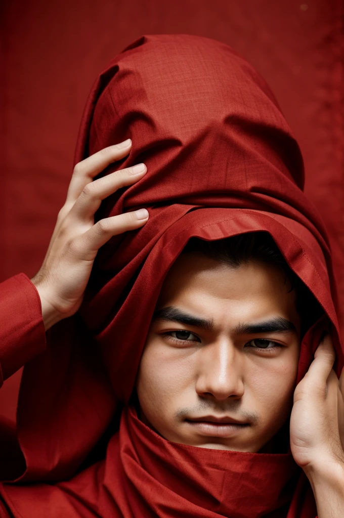 Photos of boys with red cloth covering eyes and face