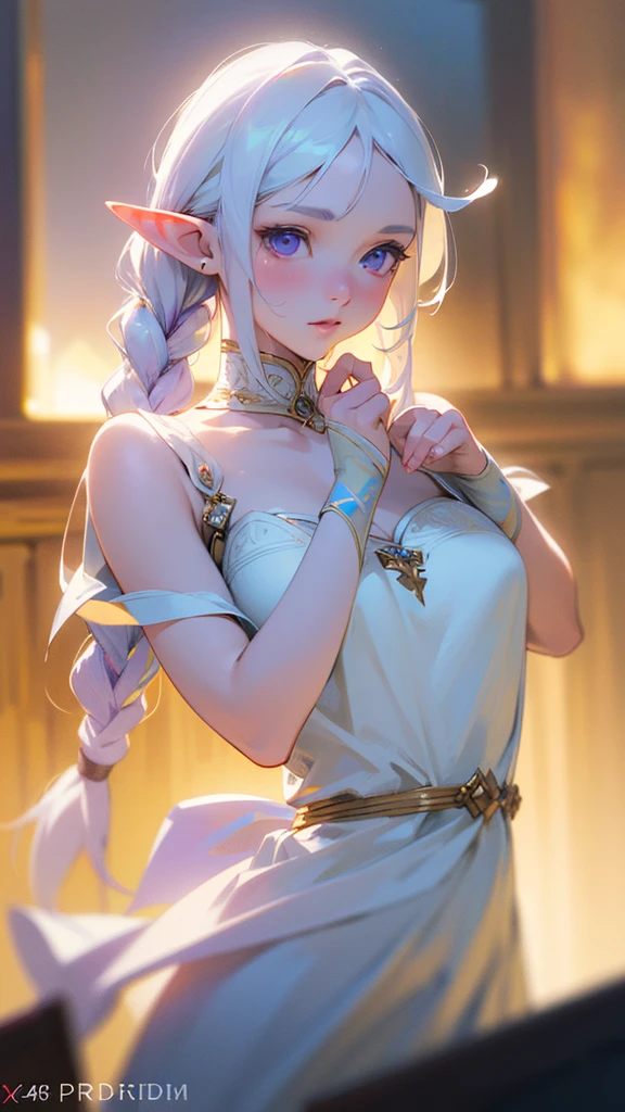 beautiful young elf girl, , adorable, downward-pointing ears, long flowing white hair with braids, pale white skin, blue and purple eyes, wearing a simple white dress, basic brown tall boots, character design, anime style, high definition, (best quality,4k,8k,highres,masterpiece:1.2),ultra-detailed,(realistic,photorealistic,photo-realistic:1.37),HDR,UHD,studio lighting,ultra-fine painting,sharp focus,physically-based rendering,extreme detail description,professional,vivid colors,bokeh