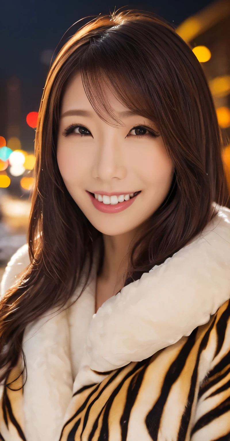 1girl in, (wear a Tiger fur coat:1.2), (Raw photo, Best Quality), (Realistic, Photorealsitic:1.4), masutepiece, Extremely delicate and beautiful, Extremely detailed, 2k wallpaper, amazing, finely detail, the Extremely Detailed CG Unity 8K Wallpapers, Ultra-detailed, hight resolution, Soft light, Beautiful detailed girl, extremely detailed eye and face, beautiful detailed nose, Beautiful detailed eyes, Cinematic lighting, Illuminations coloring the city on a snowy night, Snowy landscape, It's snowing, There&#39;s snow in my hair, Perfect Anatomy, Slender body, Taut, 
Straight semi-long hair, Bangs, Looking at Viewer, A slight smil