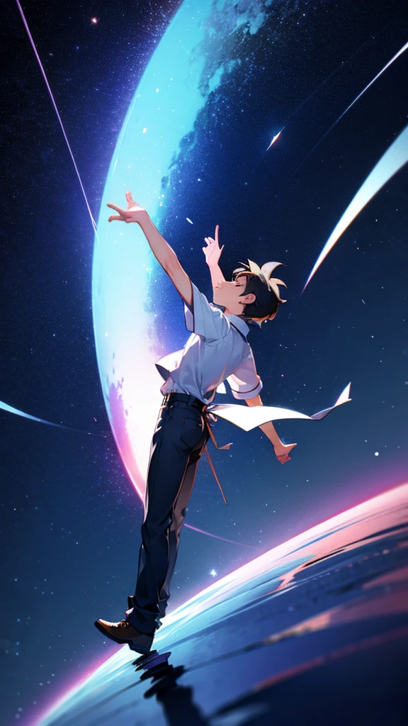 !Boy, looking up, manga perspective, camera at feet looking up!, night sky, shooting star