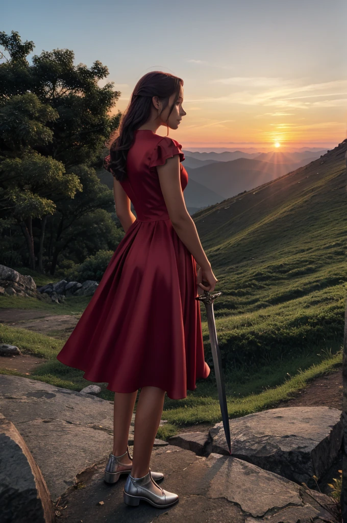 A prince with red dress and silver sword standing in the mountain looking at the sunrise 