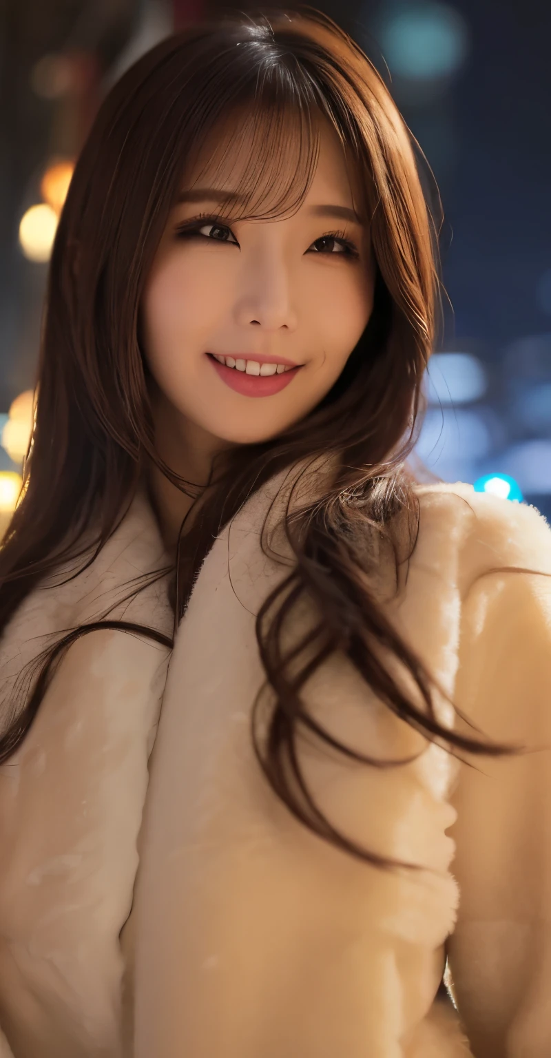 1girl in, (wear a Tiger fur coat:1.2), (Raw photo, Best Quality), (Realistic, Photorealsitic:1.4), masutepiece, Extremely delicate and beautiful, Extremely detailed, 2k wallpaper, amazing, finely detail, the Extremely Detailed CG Unity 8K Wallpapers, Ultra-detailed, hight resolution, Soft light, Beautiful detailed girl, extremely detailed eye and face, beautiful detailed nose, Beautiful detailed eyes, Cinematic lighting, Illuminations coloring the city on a snowy night, Snowy landscape, It's snowing, There's snow in my hair, Perfect Anatomy, Slender body, Taut,
Straight semi-long hair, Bangs, Looking at Viewer, A slight smil