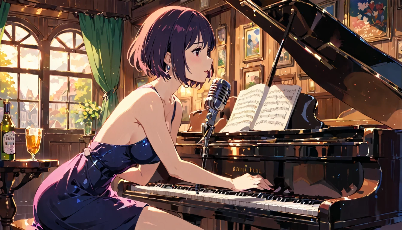 a beautiful woman singing at an irish pub, leaning on a grand piano in a sexy dress, short hair, ghibli-like art style