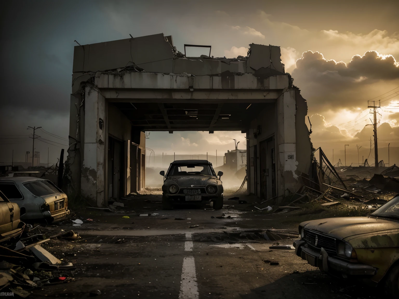 .(obra de arte), (melhor qualidade), (detalhado), landscape reminiscent of radioactive fallout, post-apocalyptic environment, Dark and atmospheric, cyberpunk and post-apocalyptic elements, paisagem urbana desolada, Ruined buildings, Abandoned vehicles, Fog and darkness engulfing the scene, High Resolution 8K Image, capturing the strange and mysterious essence of a world transformed by catastrophe