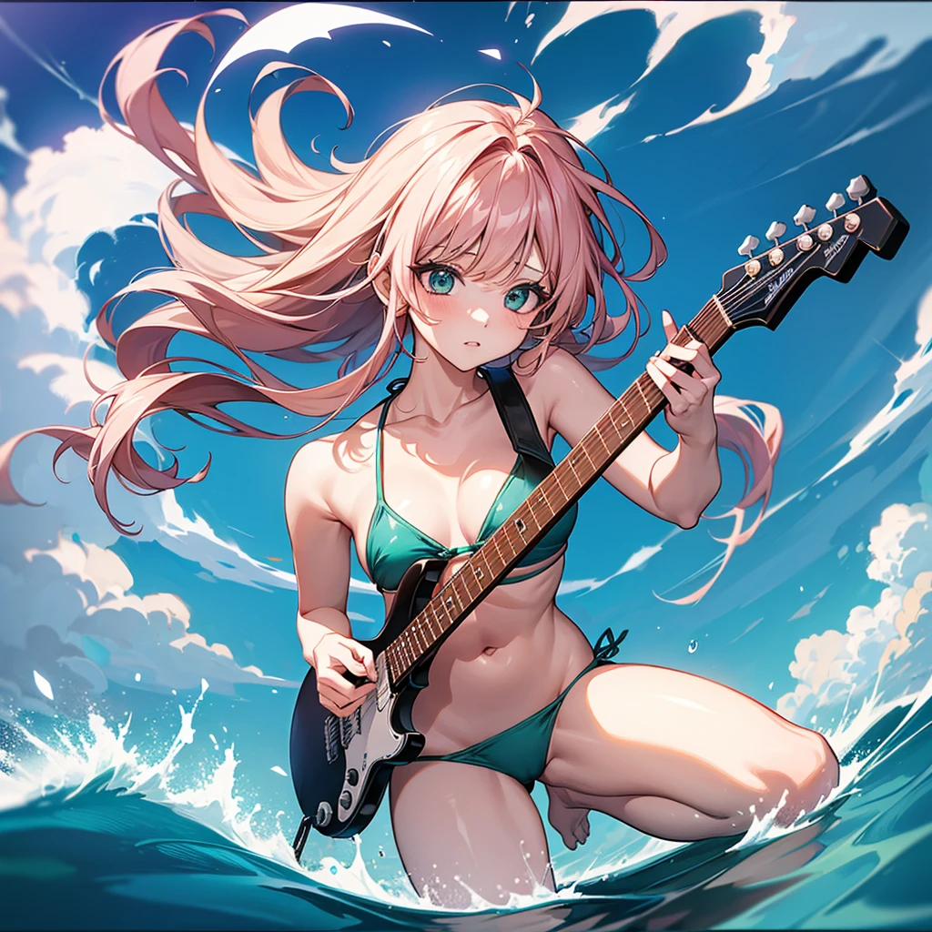 (8K、최고 품질、걸작:1.2), Woman in bikini and barefoot playing electric guitar in emerald sea, anime style